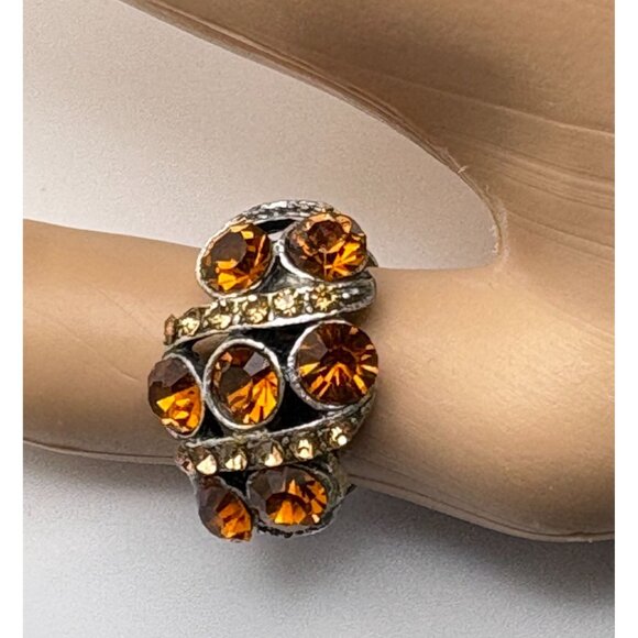 Vintage Style Topaz Rhinestone Statement Ring Adjustable Fit Silver Tone Cluster - Picture 2 of 7